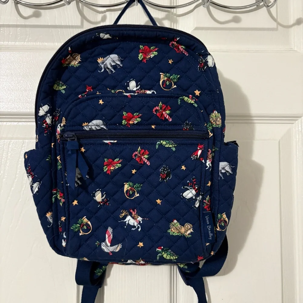 Vera Bradley Small Backpack Bag Quilted Snow Globe Motifs Navy